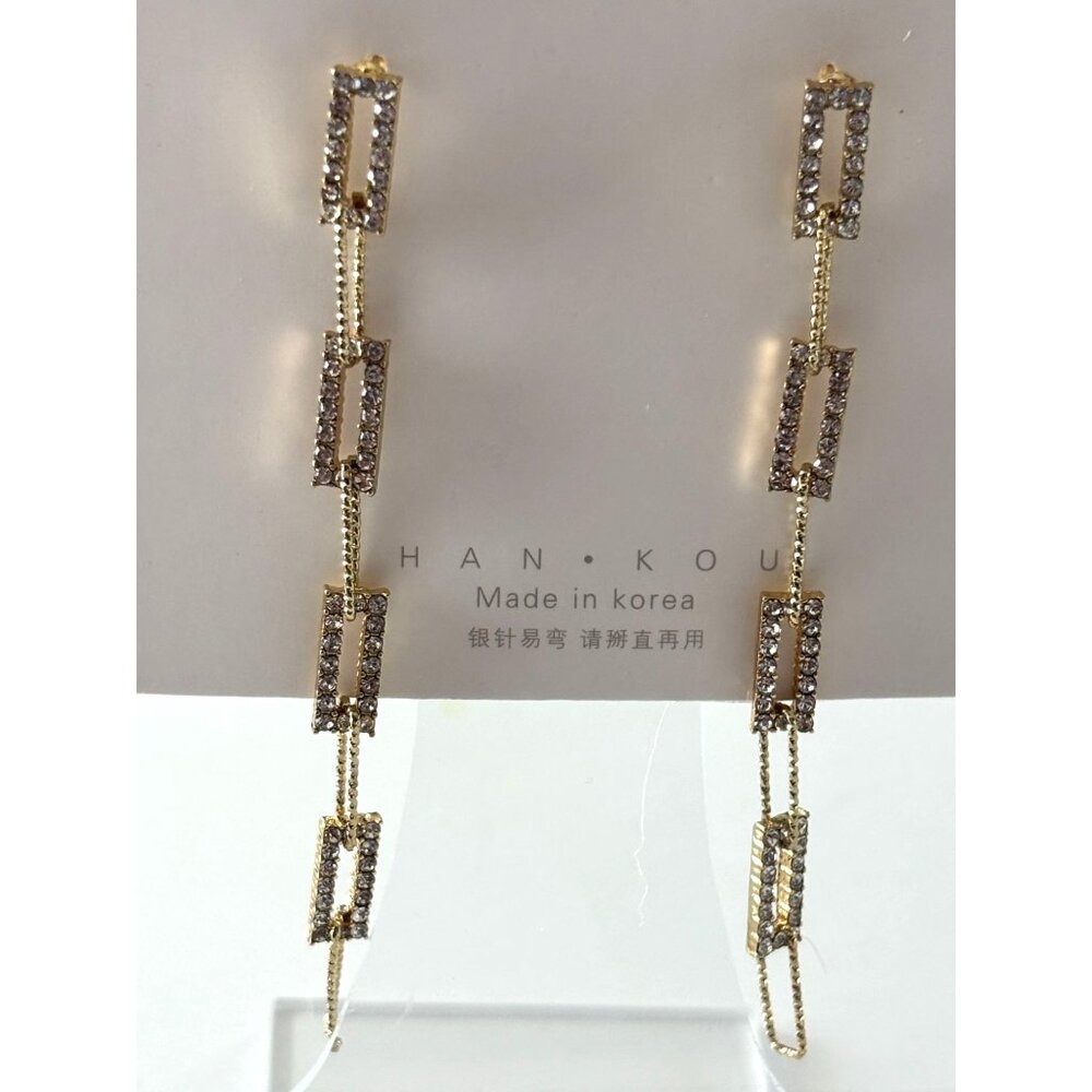 Gold-Plated Rhinestone Rectangular Link Drop Earrings By Han.Kou